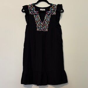 THML Black Mini Dress with Colorful Embroidery